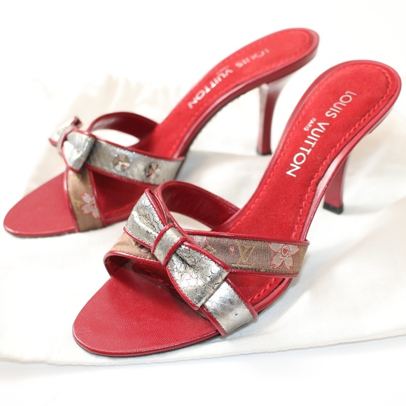 Louis Vuitton Shoes - Louis Vuitton Red Satin Cherry Blossom Slide Heels